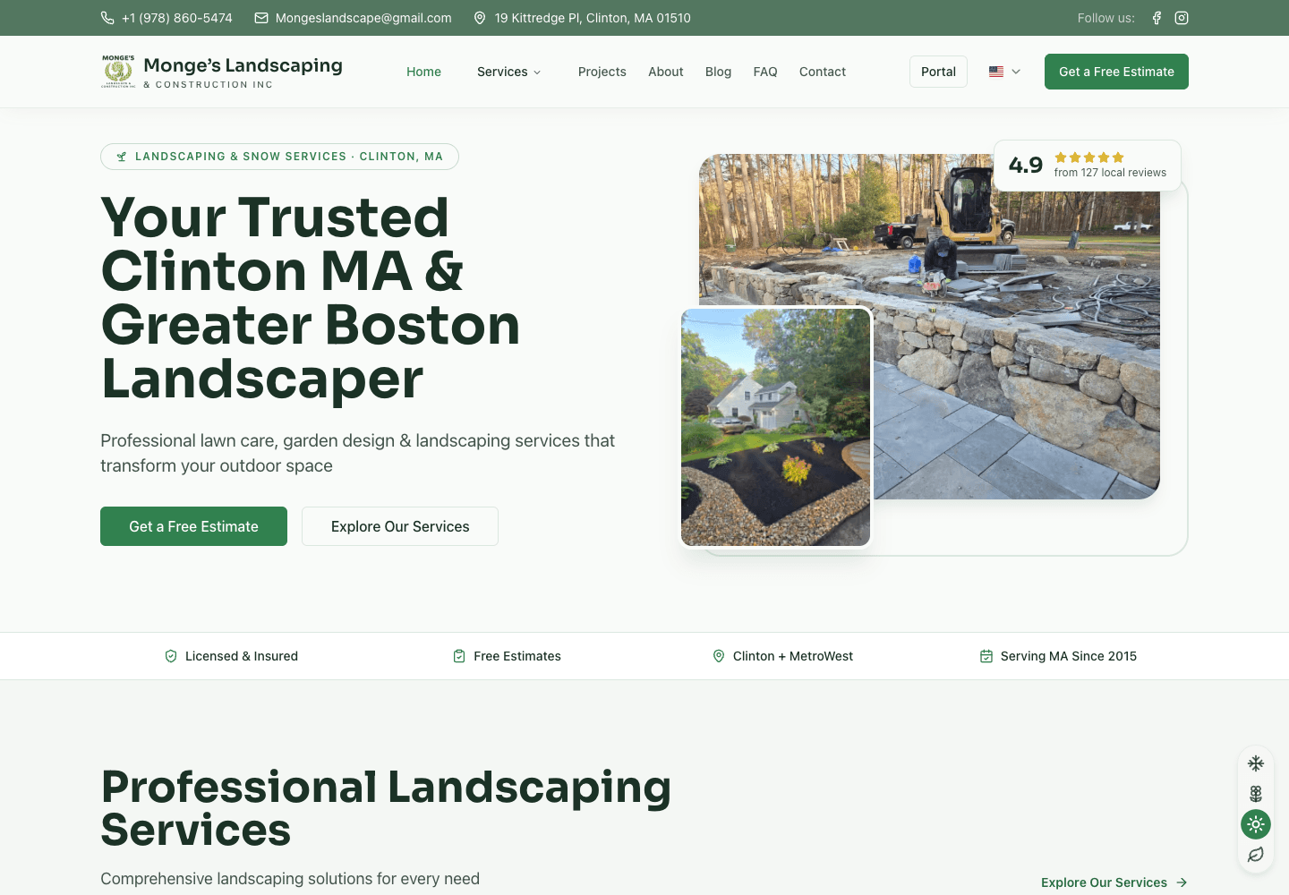 Monge's Landscaping website homepage